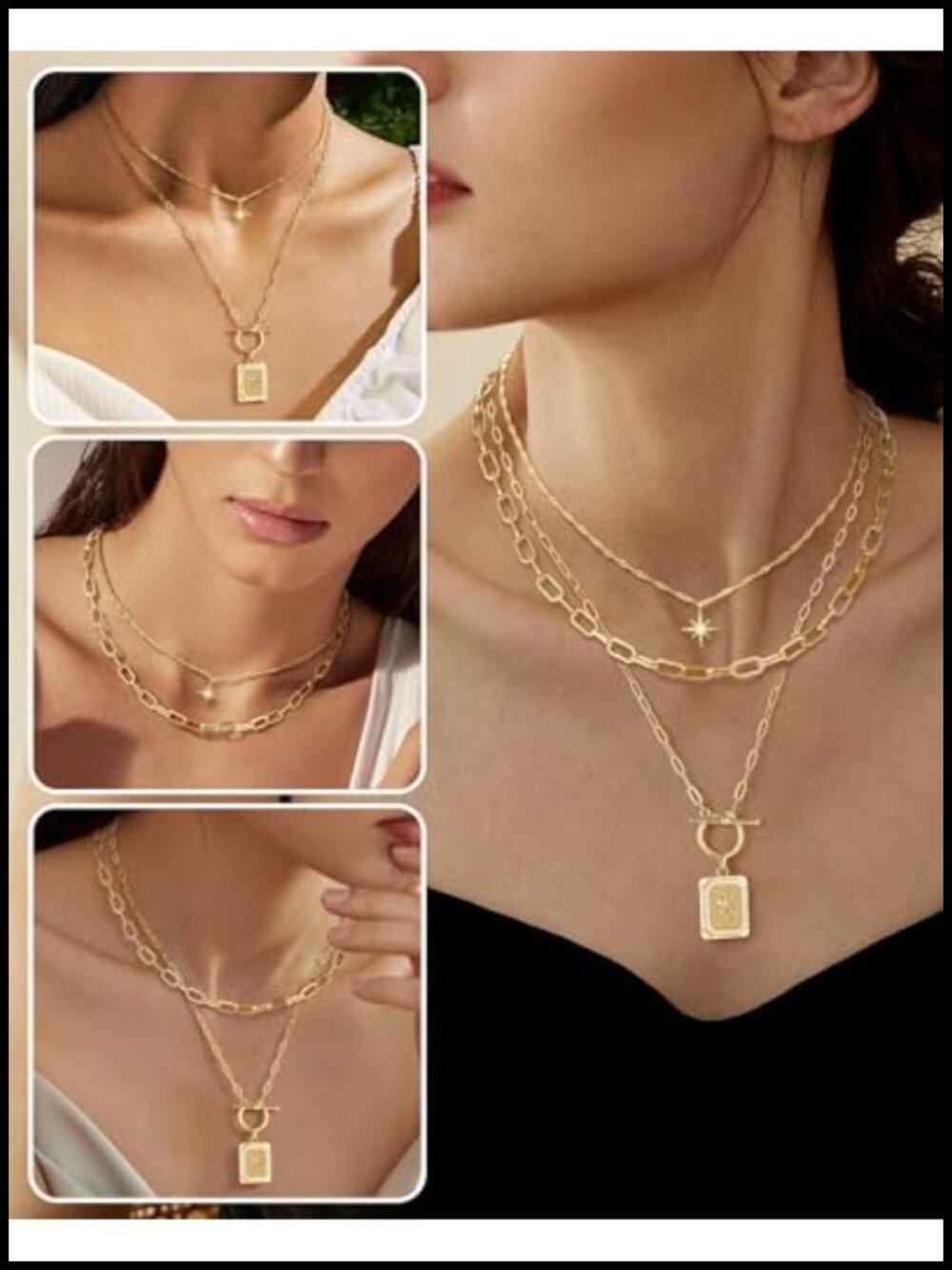 14K Gold Plated Brass Layered Necklace Set with Paperclip Chains and Zodiac - Picture 2 of 6